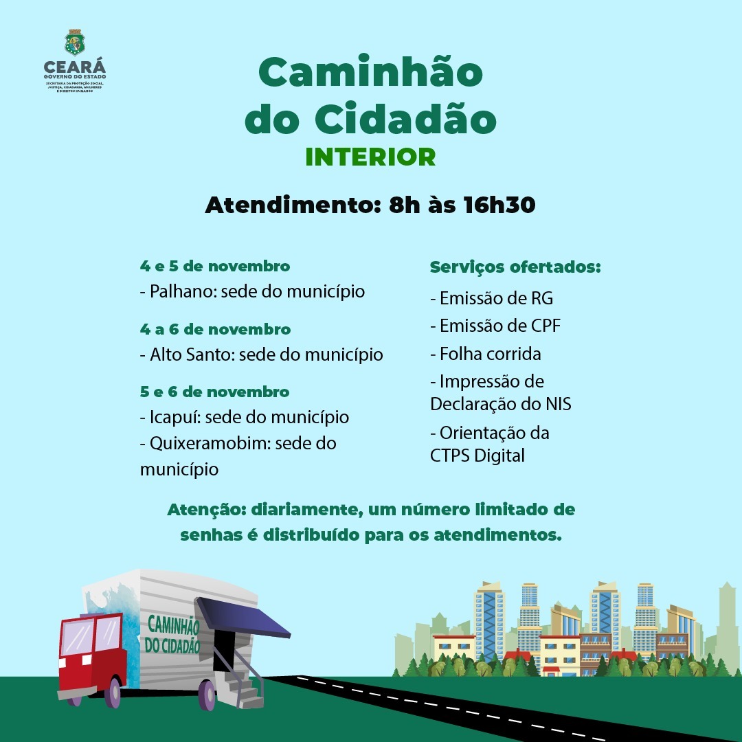 Caminhão do Cidadão inicia novembro atendimentos em oito